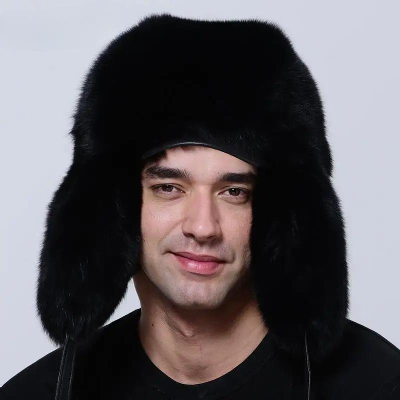 Luxury Men Hat Winter Warm Thick Fluffy Brim Bomber Hat Ushanka Russia Natural Raccoon Fox Fur Trapper Ear Hats