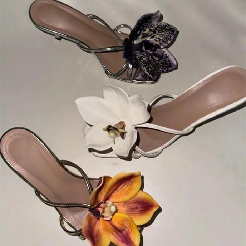 Fashion Sexy Black Heels Women Summer Party Pointed Toe High Heeled Sandals Elegant Floral Slingback Pumps Fashion Stiletto Shoes