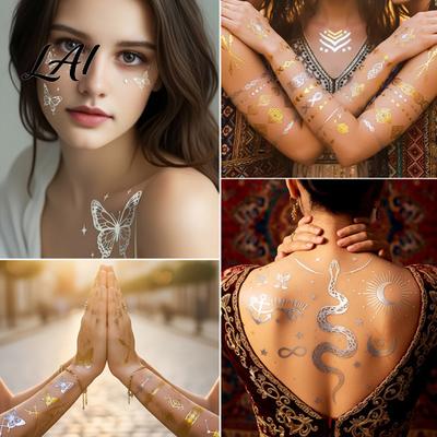 Girls Tattoo Sticker Golden Silver-color Metallic for Women Girls Temporary Tattoos Face Body Arm Decoration Waterproof Fake Decal Wedding