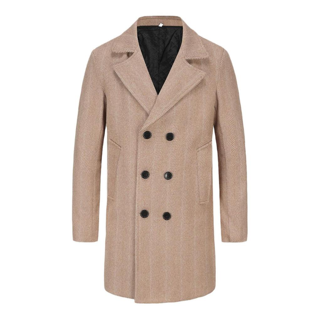 Men's Mid-Length Plaid Wool Coat - Double-Breasted, Cotton-Padded Jacket