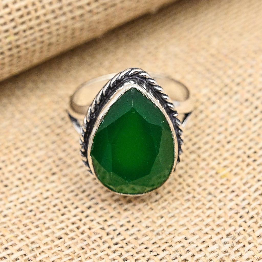 Faceted Green Onyx Gemstone Handmade Jewelry 925 Sterling Silver Ring For Thanksgiving