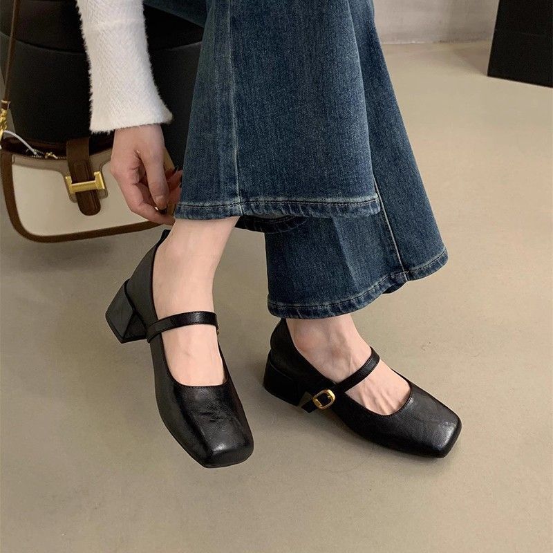 French Retro Square Head Light Mouth Single Shoes Women's Middle Heel Spring and Autumn Evening Temperament Fairy Thick Heel Mary Jane Small Leather 