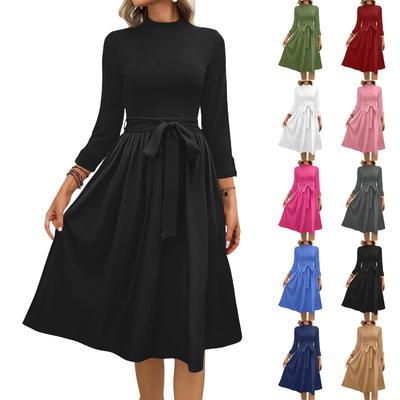 Women's Fashion Casual Belt Seven Sleeve Round Neck Color Temperament Dresses
