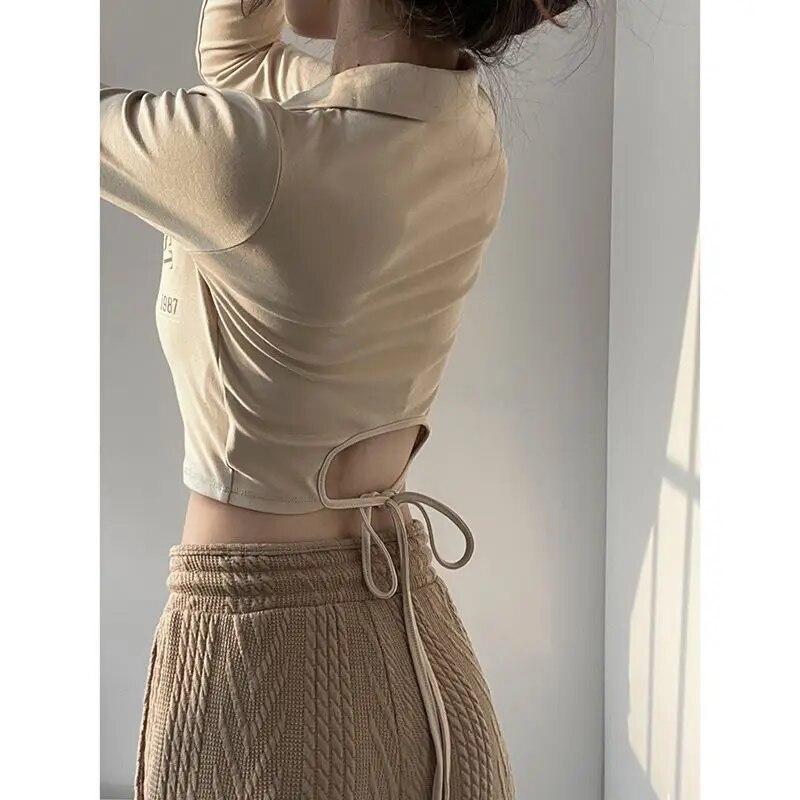 2KWEIRD Letter Women T Shirt Korean Zipper Crop Top Autumn Long Sleeve Tees Polo American Retro Tshirts Femme Y2k Vintage Clothes