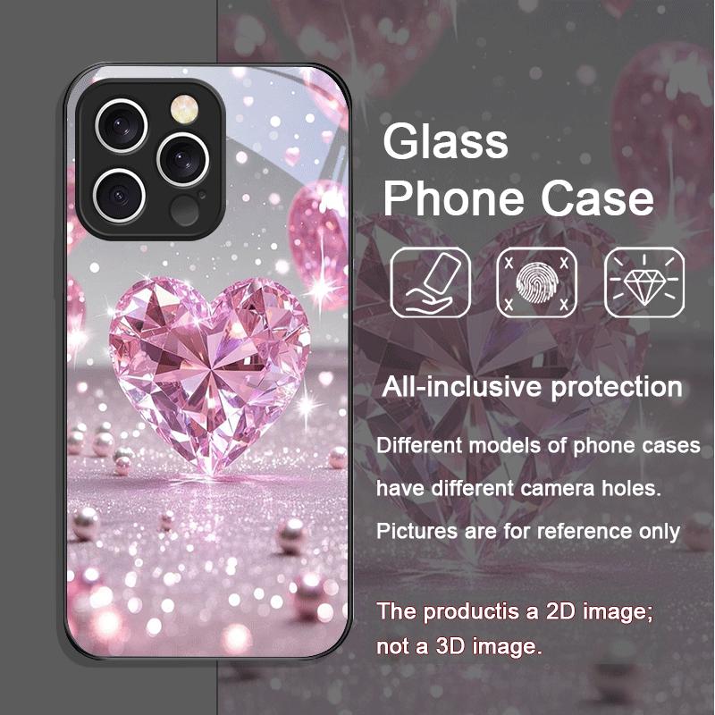 Stylish Pink Heart-Shaped Crystal Tempered Glass Phone Case for iPhone 17 16 Pro Max 15 14 13 12 11 Mini XS XR 7 8 14 Plus Cover