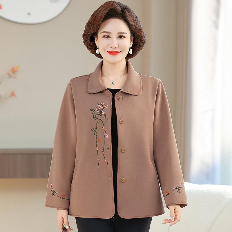 Elegant Embroidered Wool Coat for Middle-aged Women – Short Spring & Autumn Style