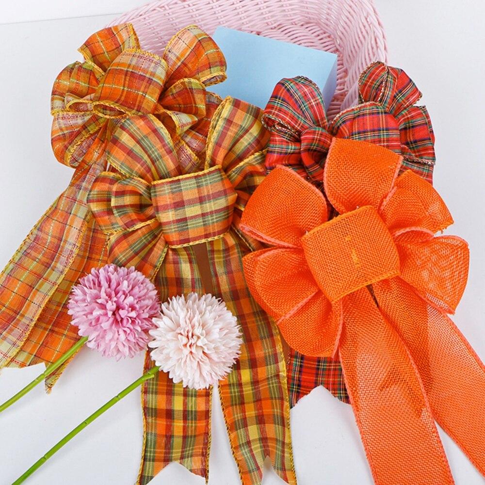 Lagre Orange Fall Bow Buffalo Plaid Bow Christmas Tree Decoration Ornament Handmade Plaid Bowknot New Year Home Decor
