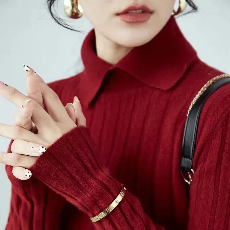 Polo Collar Women's Knitted Sweater Long Sleeve Slim Fit Pullovers for Women Autumn Winter Sweaters Soft Warm Bottoming Tops