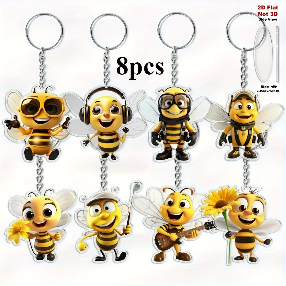 2D Flat 8-piece Bee Keychain, Cute Cartoon Bee Theme Keychain, Decorative Pendant.