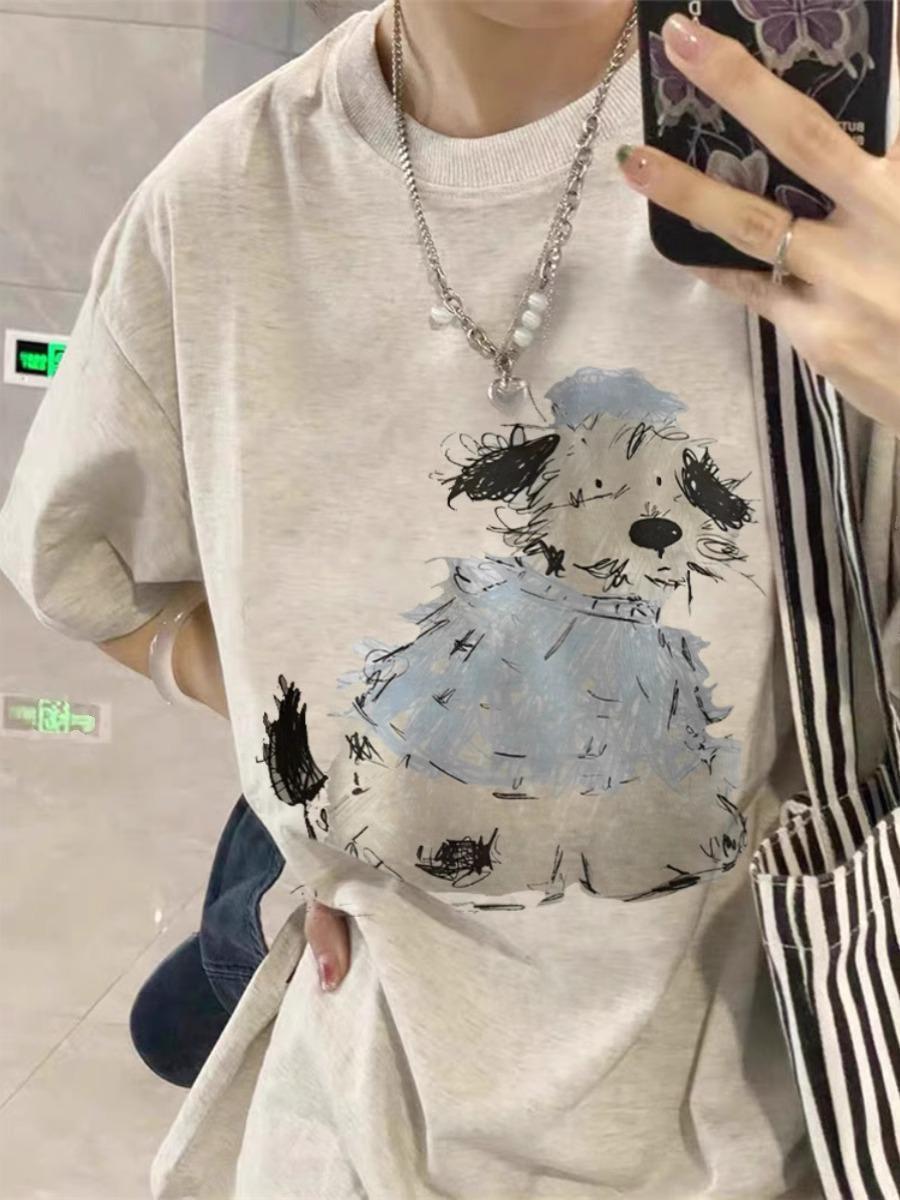 

Women s 2025 Gray Pure Cotton Puppy Graphic Off-Shoulder Short Sleeve Top L темно-синього кольору