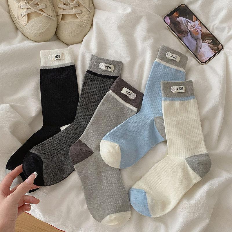 Female Autumn New Color Matching Button Cloth Label In The Tube Pile Socks