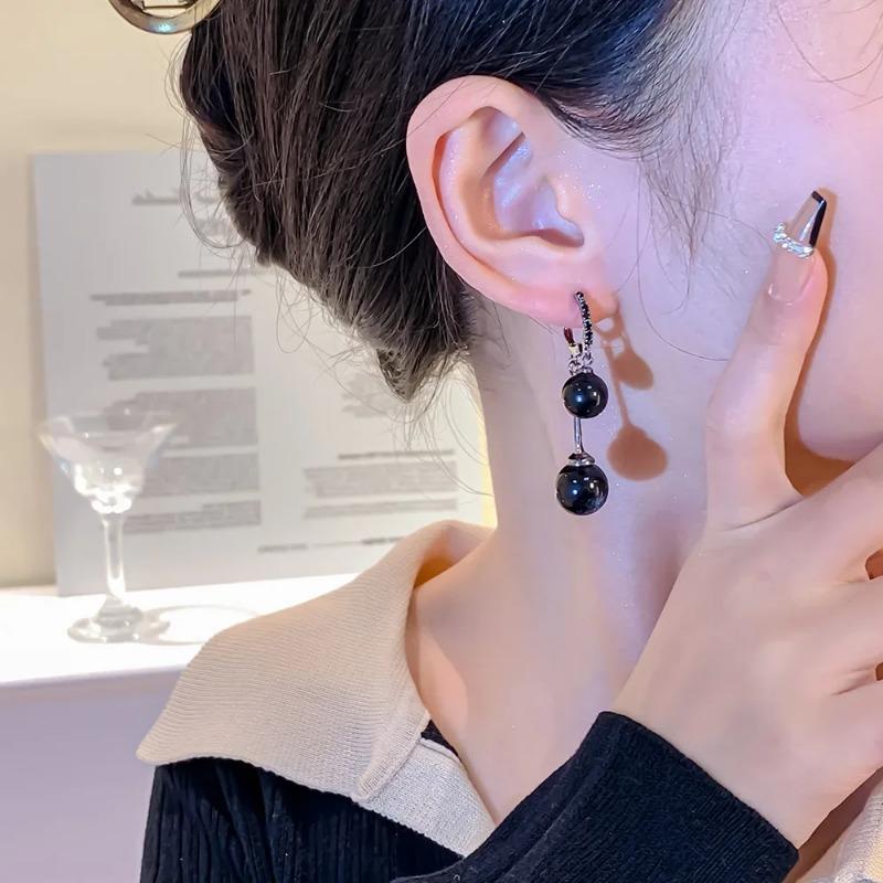 Temperament Statement Black Pearl Drop Earrings for Women Korean Fashion Retro Luxury Dangle Earring Goth Jewelry Pendientes