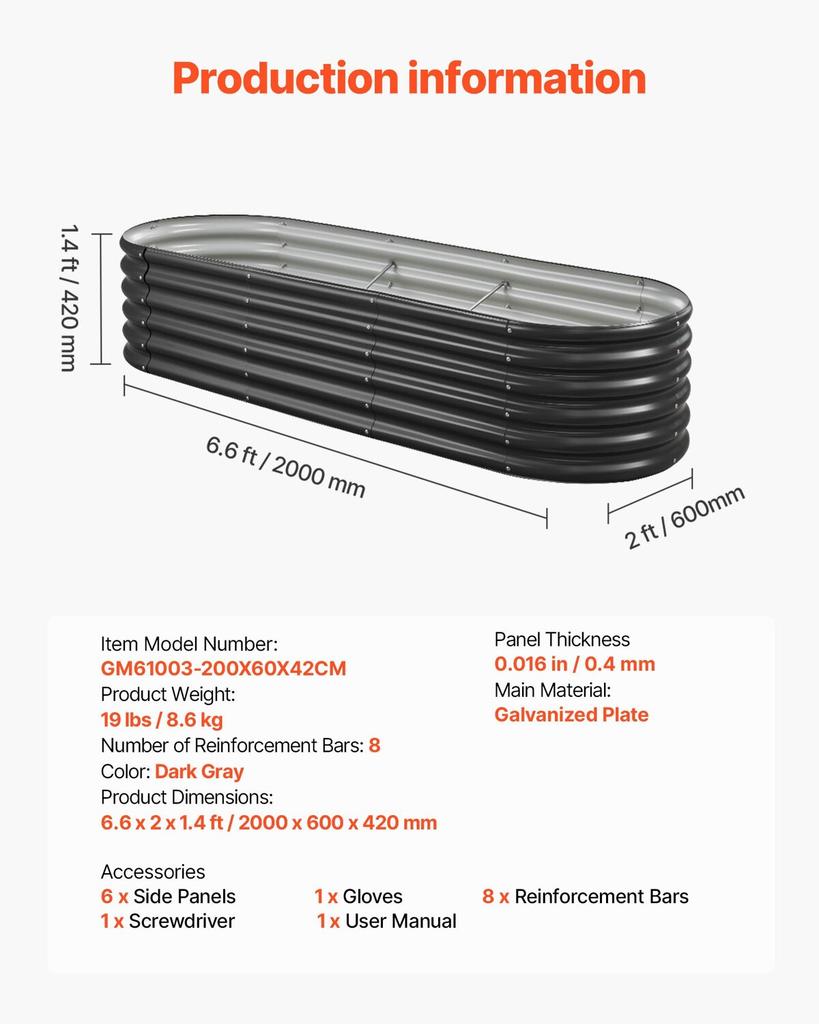 Metal Raised Garden Bed, 2.0 X 0.6 X 0.4 M Oval Outdoor Galvalume Planter Garden Box, Open Bottom Design, Large Planter Raised Bed for Growing