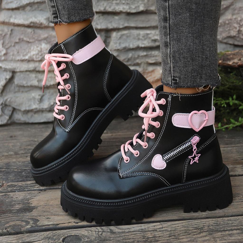 Women's Thick Soled Retro Gothic Fashion Casual Leather Lace Up Round Toe Mid Calf Boots Women Knee High Memory Foam Wide Calf