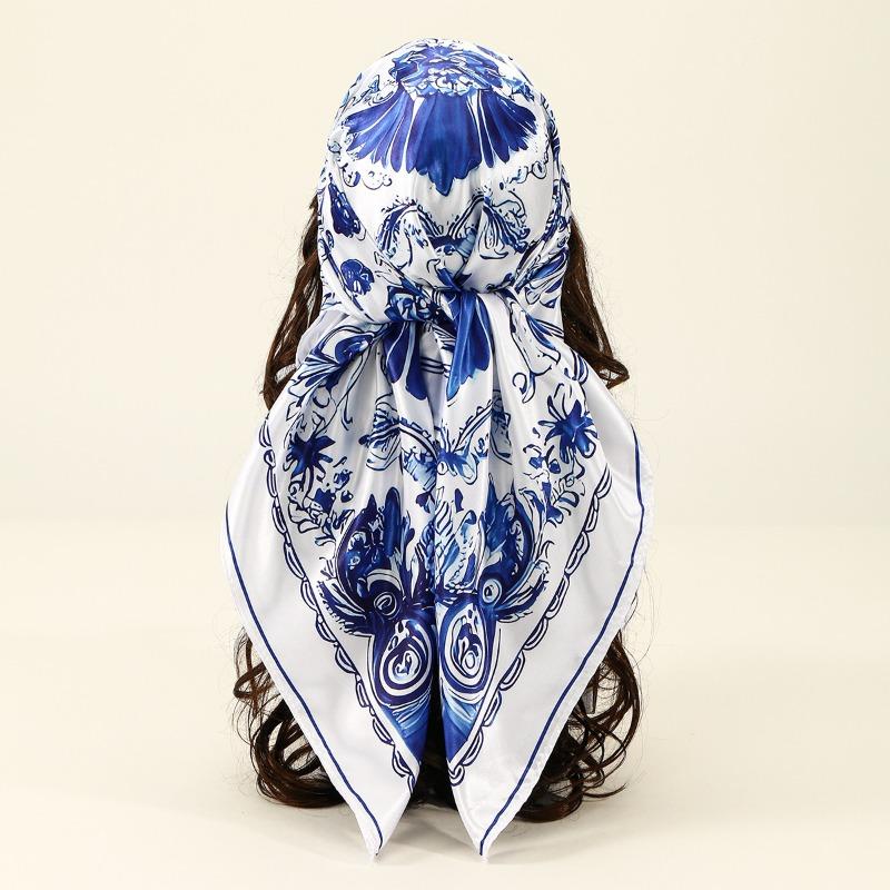 

Хиты продаж новый синий и синий принт атласный универсальный квадратный платок модное украшение имитация шелкового платка сумка головной платок 90*90cm