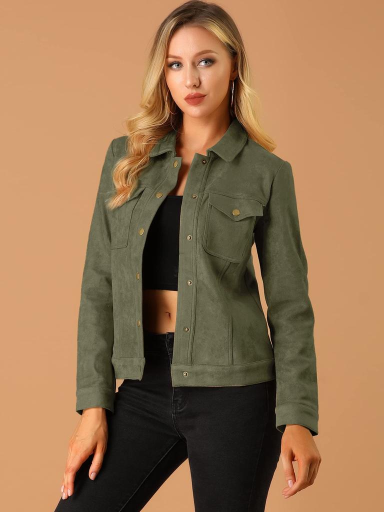 Allegra K Faux Snap Dark Size L Jacket, Suede, Turn-Down Collar, Buttons, Green,