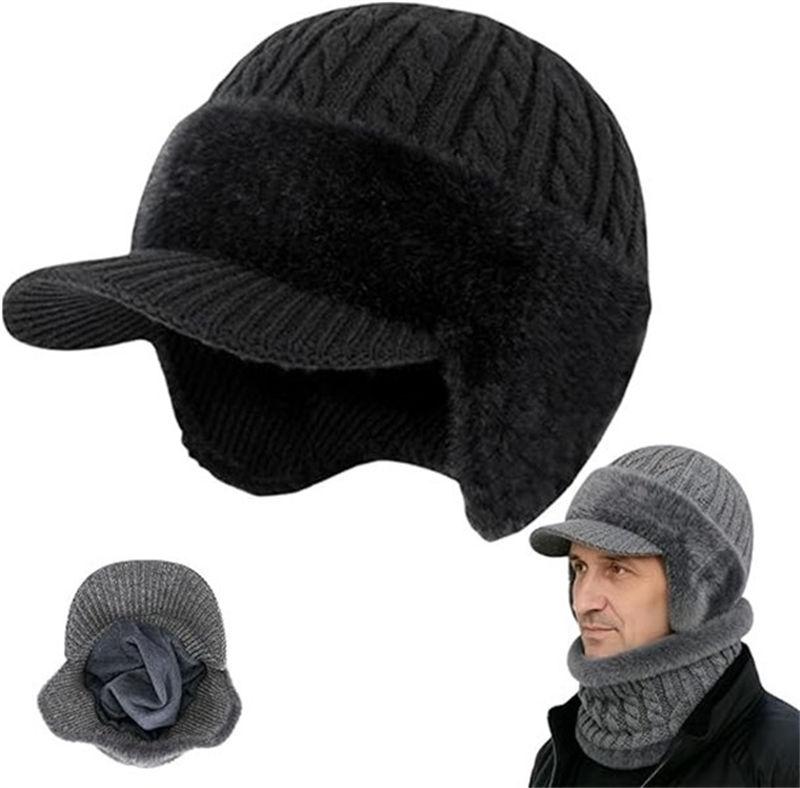 Winter Cozy Beanie with Brim and Ear Flaps Warm Cycling Windproof Knitted Hats Fashion Caps Scarf GZW