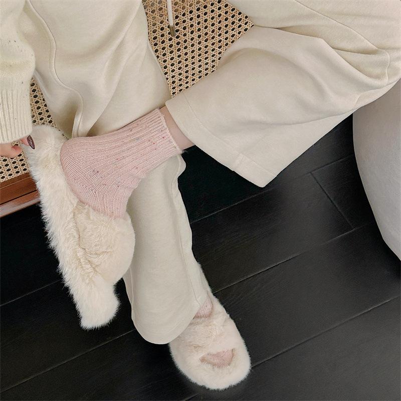 Autumn and Winter Wool Dot Yarn Socks, Women's Mid-calf Socks, Thickened Warm Vertical Striped Pile Socks, Home Sleep Socks