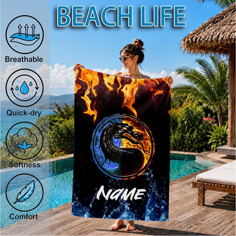 Custom Name Dragon's Fiery Kombat Beach Towel Microfiber Beach Towel, Lightweight and Quick-Dry, for Summer Travel, Swimming Pool Gift