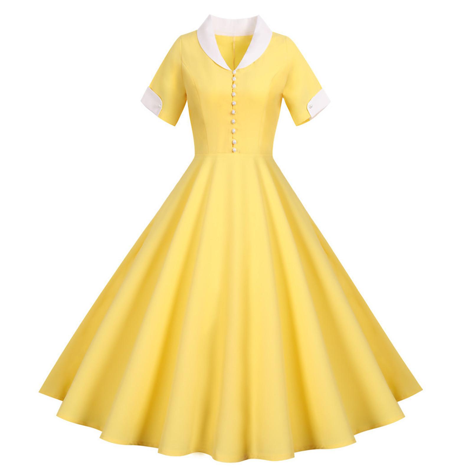 

Женская мода повседневная тонкая однотонная винтажная с коротким рукавом и воротником большого размера платья XL жёлтый