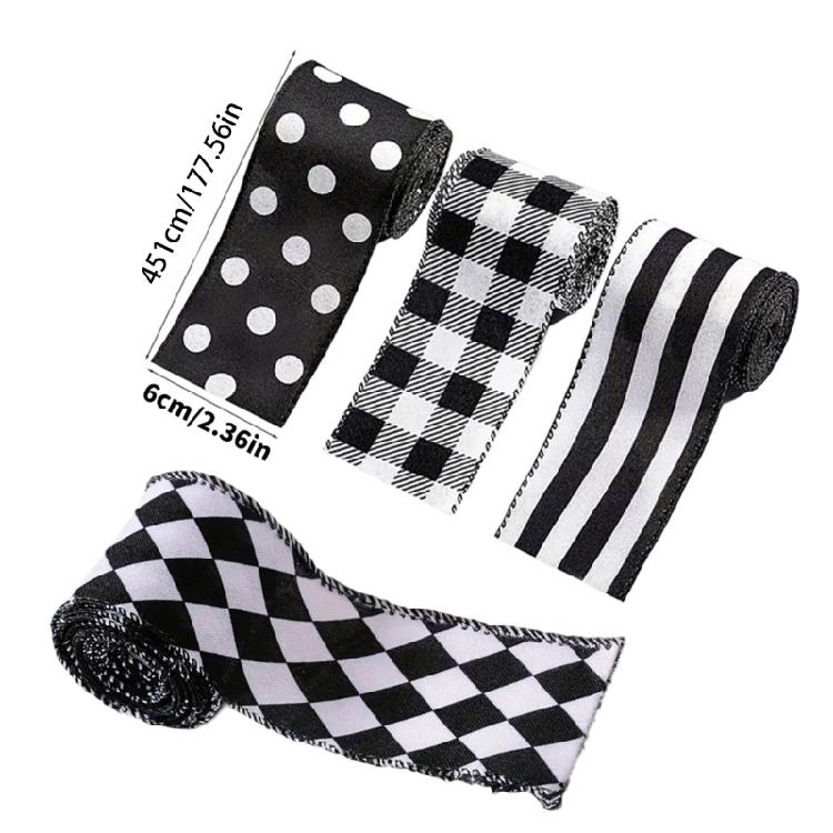 Crafting Ribbon For Holiday Decorations Gift Bowknot Christmas Tree Ornament Durable Polyester Fabric Black White Design