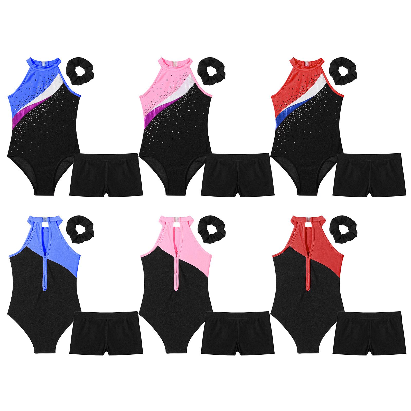 

Kids Girls Sleeveless Shiny Rhinestone Decor Leotards with Shorts and Hair Band Gymnastics Dance Performance Outfits 5-6 Years жовтий/чорний