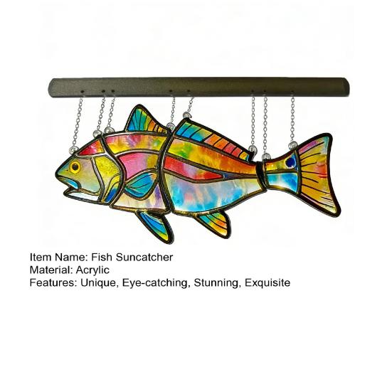 Fish Suncatcher Stained Glass Style Window Hanging Panel Colorful Fish Wind Chimes with Chain for Indoor Outdoor Home Garden Decor Gifts for Fish