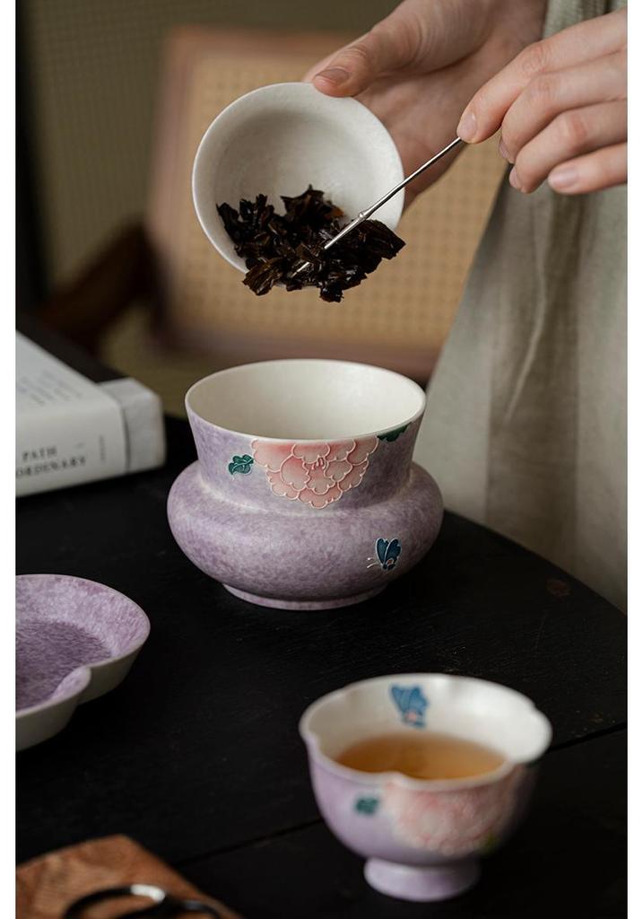 Hand-painted Peony Ceramic Tea Set: Purple Smoke Teapot, Lid Bowl, Master Cup, Tasting Cup, Pot Stand, Cup Mat, Coffee Cup