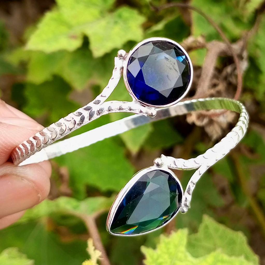 Blue Faceted Glass Gemstone 925 Sterling Silver Plated Raire Adjustable Cuff Bangle/Bracelet TACB-B149