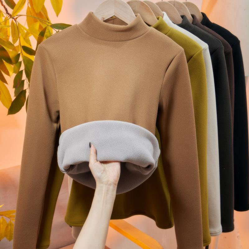 Herbst Winter Hoher Kragen Einfarbig Unterteilter Pullover Top Damen Langarm Lässig Mode Samt Warmes T-Shirt Tee