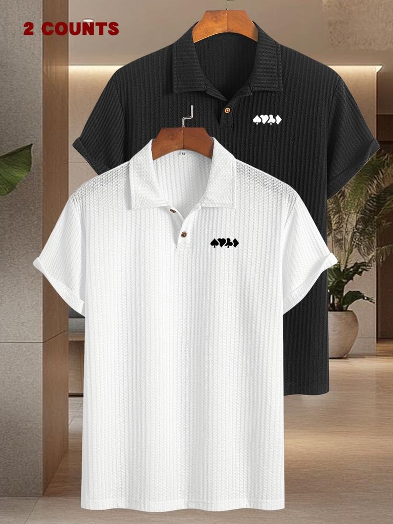 2pcs Print Pattern Men's Golf Polo, Short Sleeve Work T Shirts for Men Casual Comfortable Soft Knit Lapel Collar, Ideal for Daily Business Wear