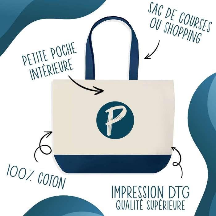 Sac shopping - PLANETEE - Sac fond bleu « Bazar d'un Julien d'amour » - Coton 40x45 cm - Design graphique - Fabriqué en France