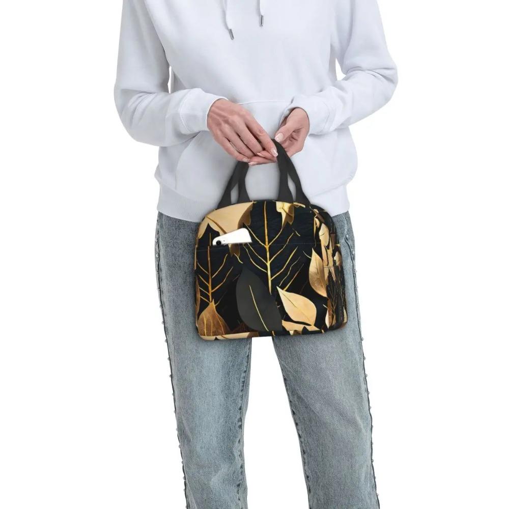 Black Golden Leaf Print Insulated Lunch Bag for Women Kids Portable Food Boxes Thermal Lunch Box Tote
