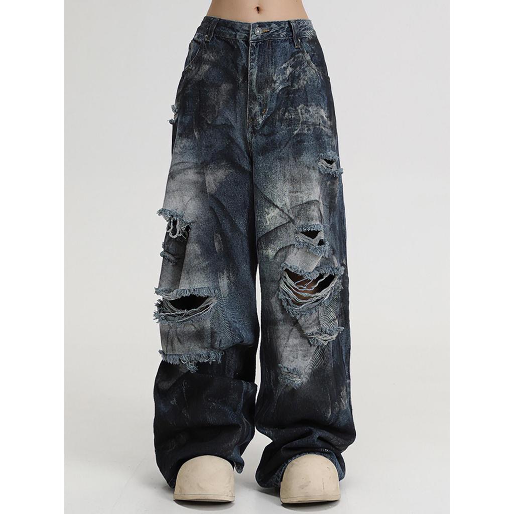 Tie-dye ripped jeans men's straight loose wide-leg American high street vibe pants trendy brand ruffian handsome beggar trousers