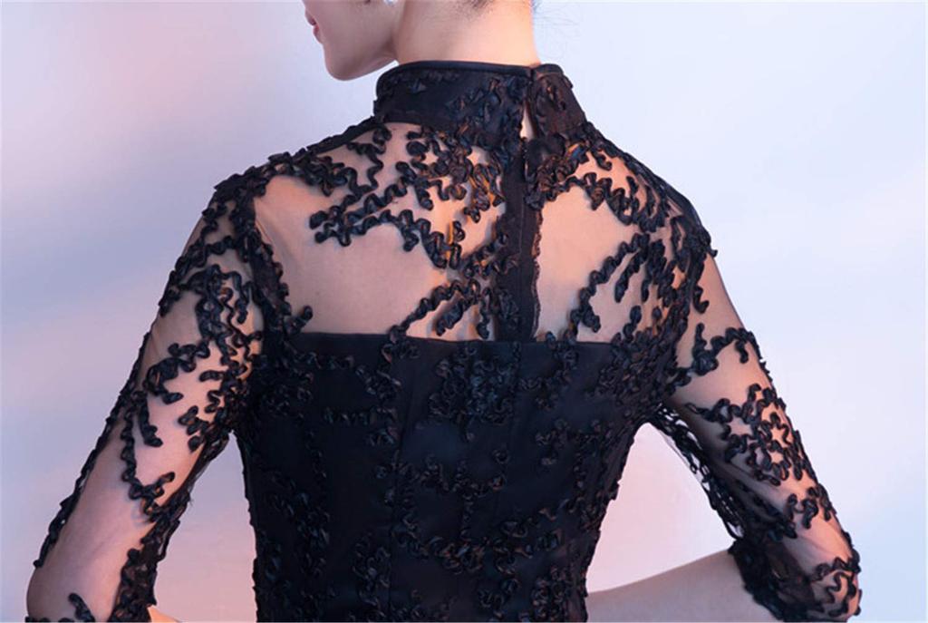 Neues Hochzeitsrot Langes Fishtail Slim Fit für Bankette [YUANYUAN] Herbst/Winter Cheongsam, Kleid, (Schwarz, XL)