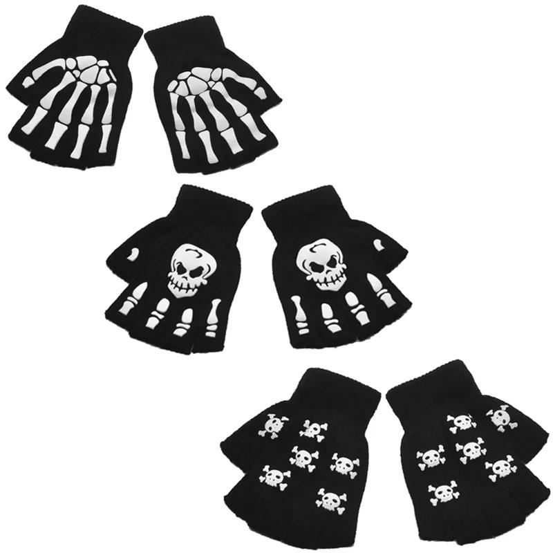 Punk Gloves Unisex Halloween Skeleton Skull Half Finger Gloves Glow In The Dark Fingerless Stretch Knitted Winter Mittens