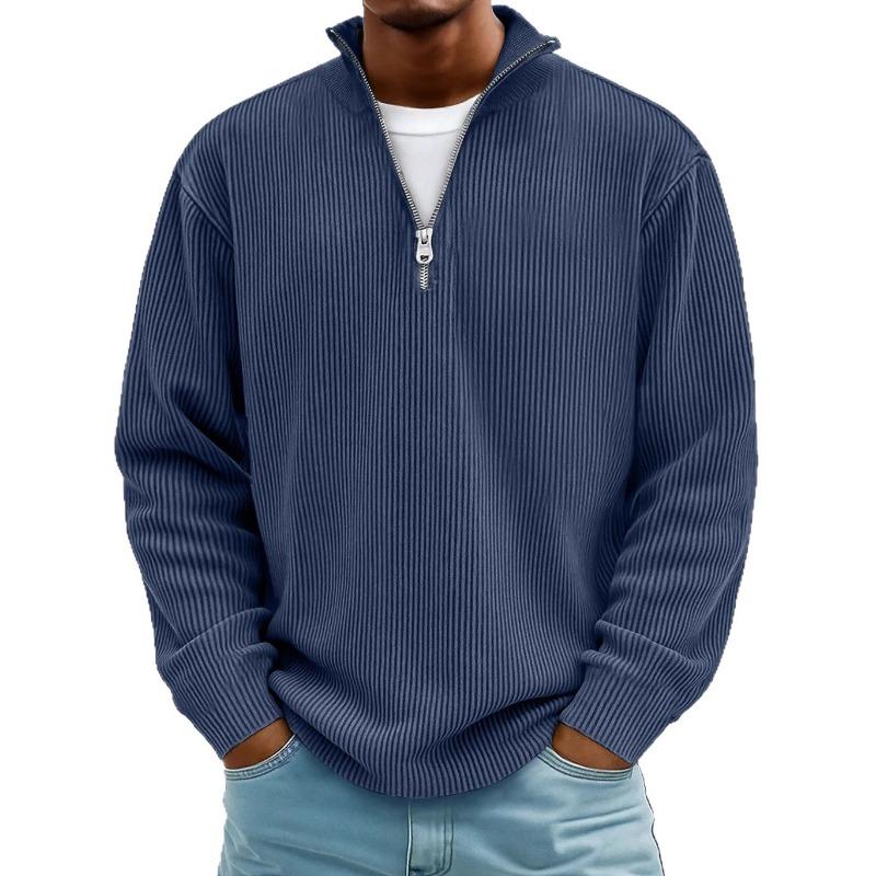 Fall Winter Men's Ribbed Knit Quarter Zip Pullover Long Sleeve Stand Collar Casual Sweatshirt