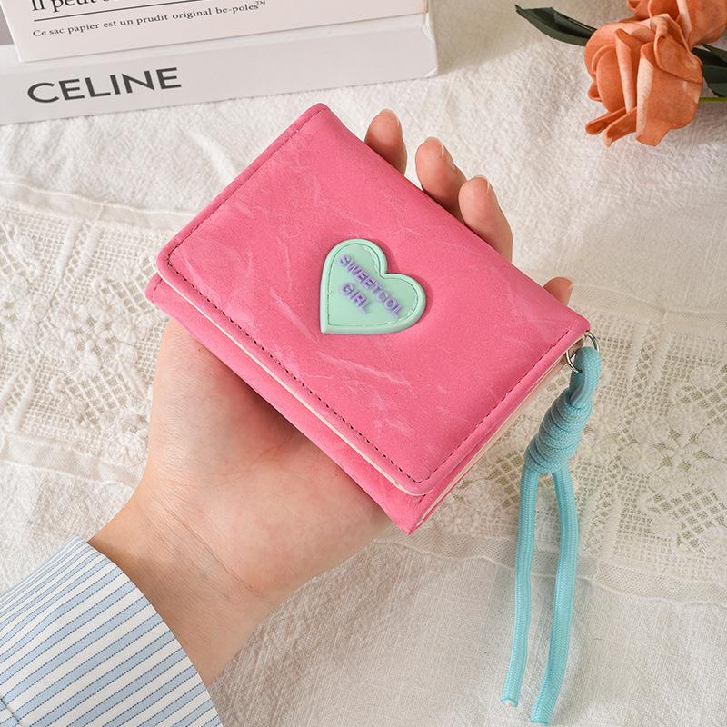 Portafoglio da donna carino a tre ante in pelle PU portamonete compatto con cinturino da polso porta carte multiplo