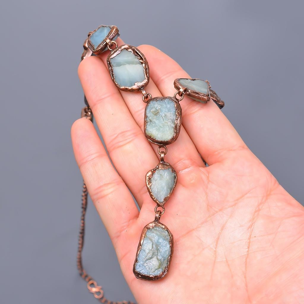 Aquamarine Rough Gemstone Copper Boho Electroformed Birthday Gift Chain Necklace V-23