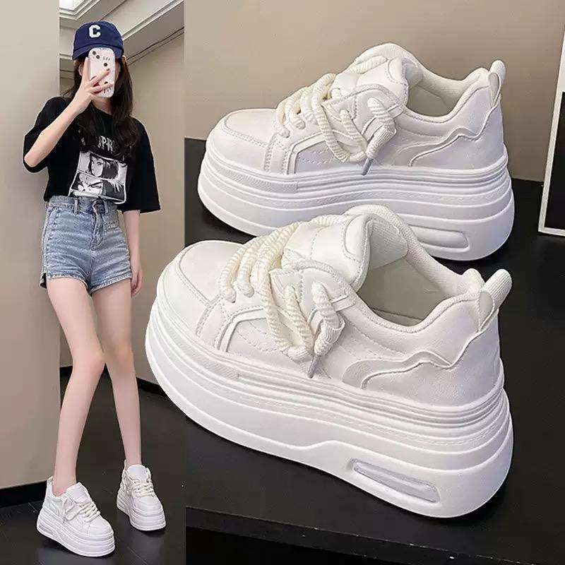 Fashion  Platform Sneakers Women Spring Autumn Round Toe Lace-up Comfort 10CM Thick Bottom Sport Shoe Black White Casual Shoe