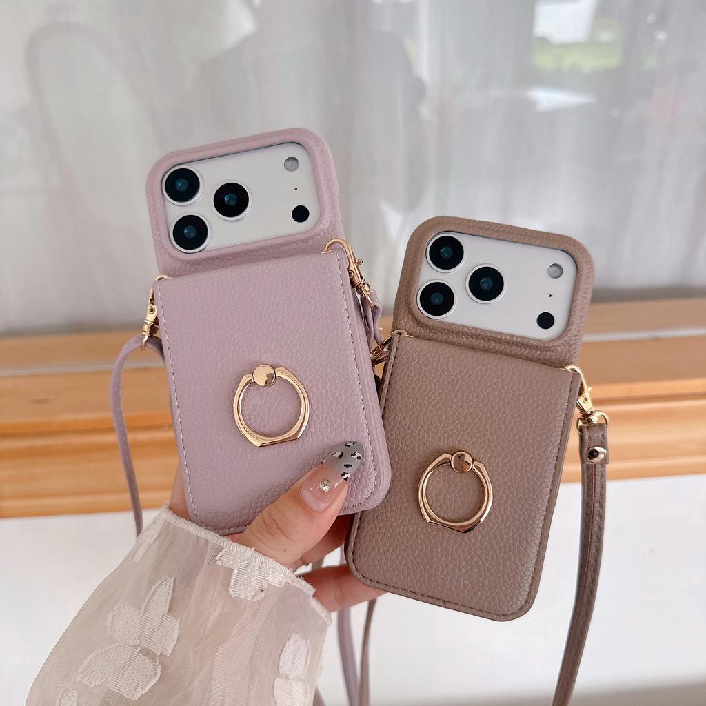 Crossbody Card Solt Ring Holder Flip Mirror Magnetic Wallet Leather Case For iPhone 17 Pro Max 16 Plus 15 14 13 12 Lanyard Cover