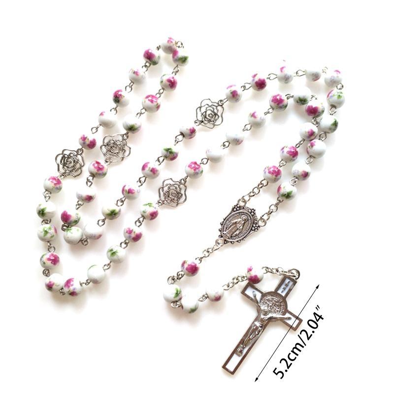 Ceramic Rose Rosary Necklace Holy Catholic Jewelry Charm Pendant for Christian Church Home Bedroom Decoration