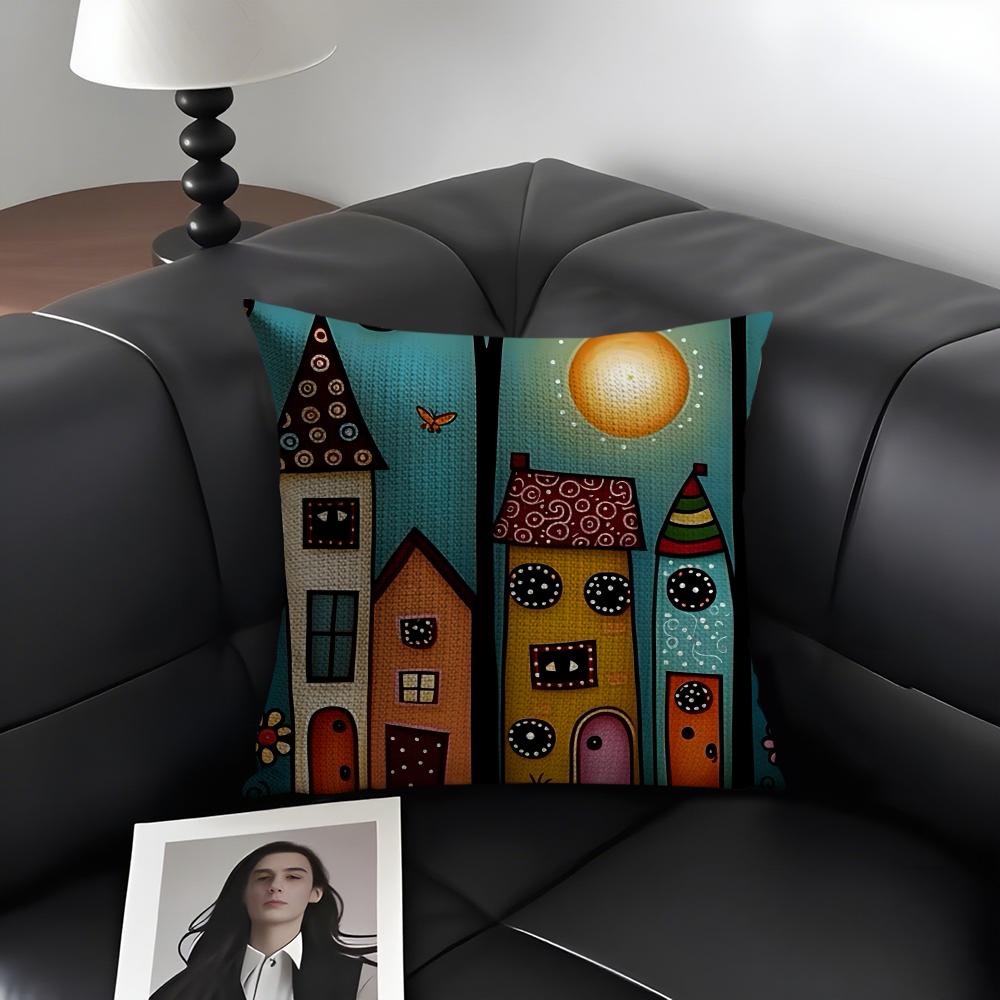 Bemaltes Waldhaus Kissenbezug Natürlicher Leinen Bio-Stoff Doppelseitiger Druck Sofa Heimdeko Geschenk Kissenhülle