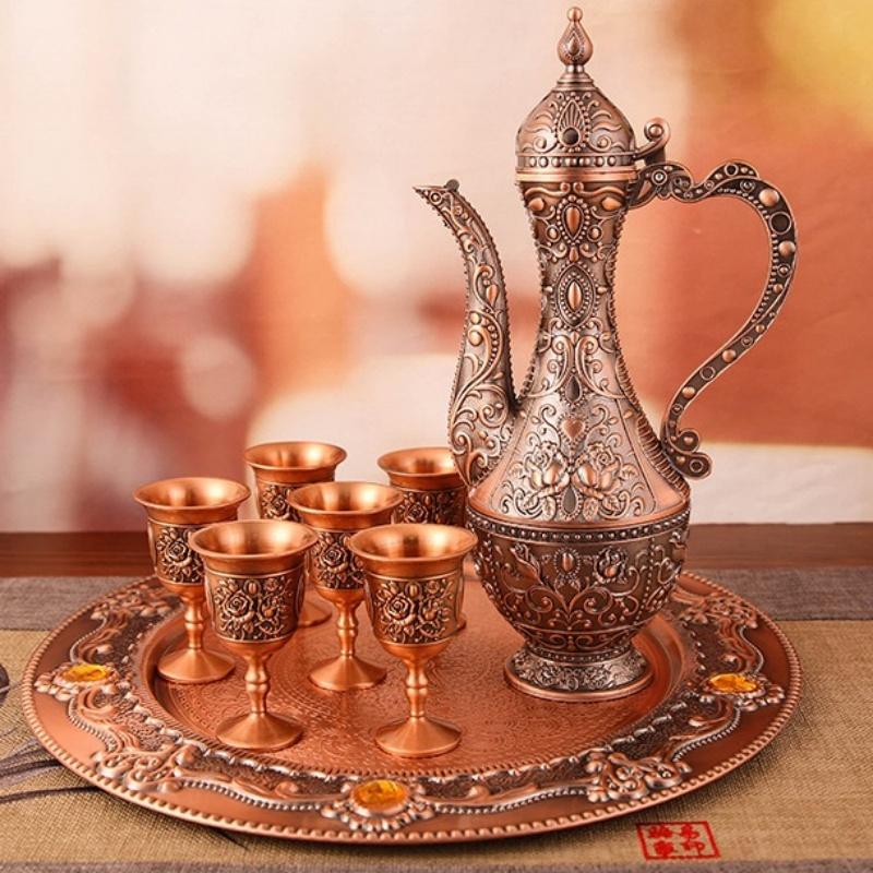 Exquisite Vintage Wine Glass, European Wine Set, Alloy Home Wine Pot Wine Glass Set, Creative Home Living Room Decoration,1Set