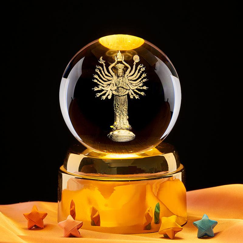 Thousand-Armed Guanyin 3D Laser Engraved Crystal Ball Night Light – Ideal Gift for Classmates or Best Friends' Birthdays