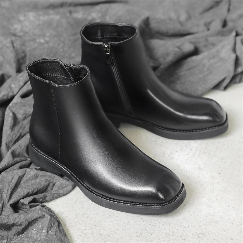 England Style Mens Fashion Chelsea Boots Black Tide Square Toe Shoes Party Prom Dress Cowboy Original Leather Boot Ankle Botas