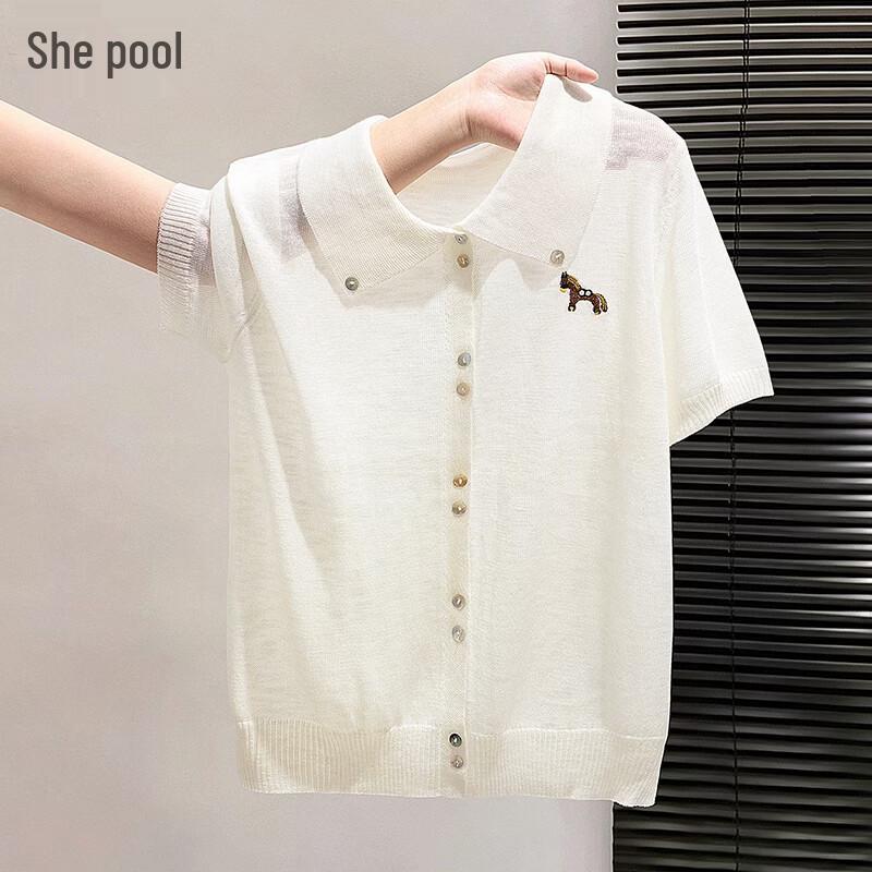 Women s Embroidered Lapel Ice Silk Knit T-Shirt L бежевый