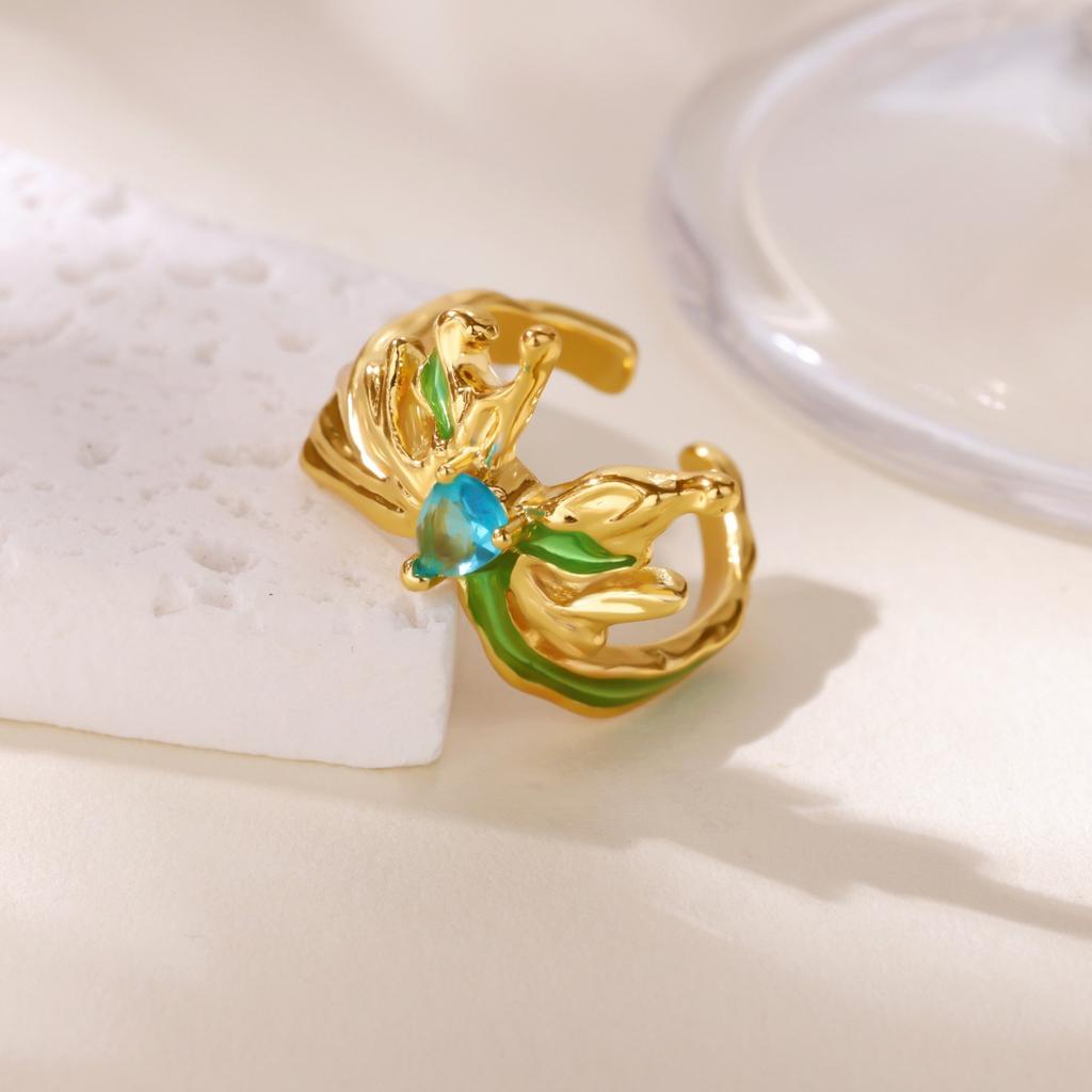 Personality Light Luxury High Sense Ice Blue Oil Drop Butterfly Open Ring Female Irregular Temperament Texture Index Finger Ring