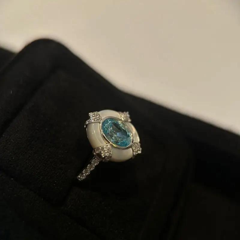 Kupfer Vintage Palaststil Blau Aquamarin Zirkon Oval Weiße Perlmuttringe für Frauen Leichter Luxusring Hochzeit Zirkon