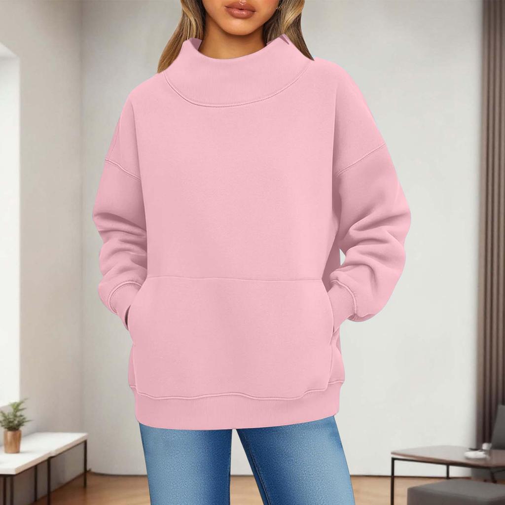 Damen Modisch Lässig Einfarbig Rundhals Langarm Tasche Sportlich Lässig Pullover Sweatshirt Top